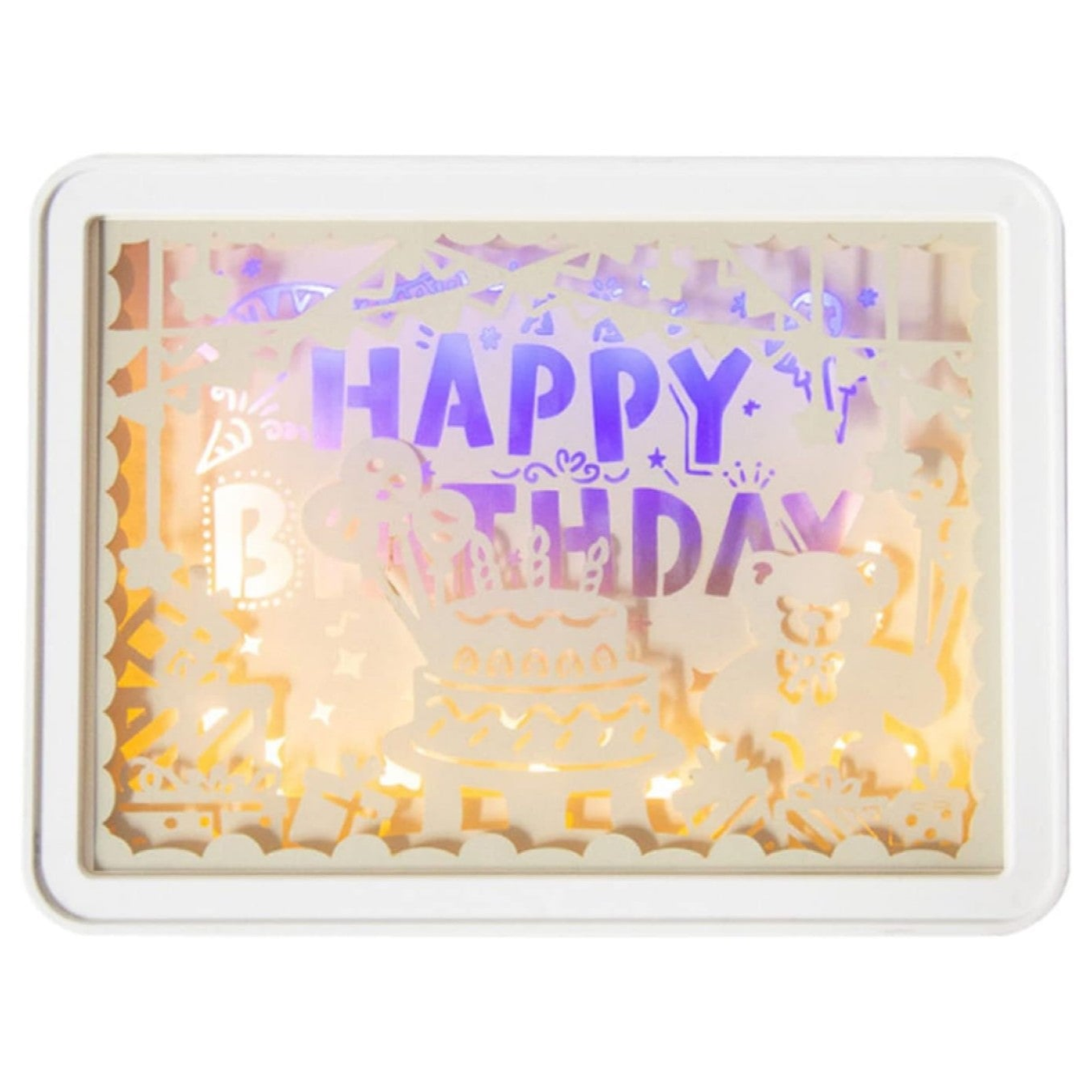 Lampa decorativa de noptiera, Zola®, cu decupaje din hartie 3D, iluminare de fundal, alimentare retea/baterii, dreptunghiulara, 15x20x5 cm, model Happy Birthday Lampa decorativa de noptiera, Zola®, cu decupaje din hartie 3D, iluminare de fundal, alimentare retea/baterii, dreptunghiulara, 15x20x5 cm, model Happy Birthday